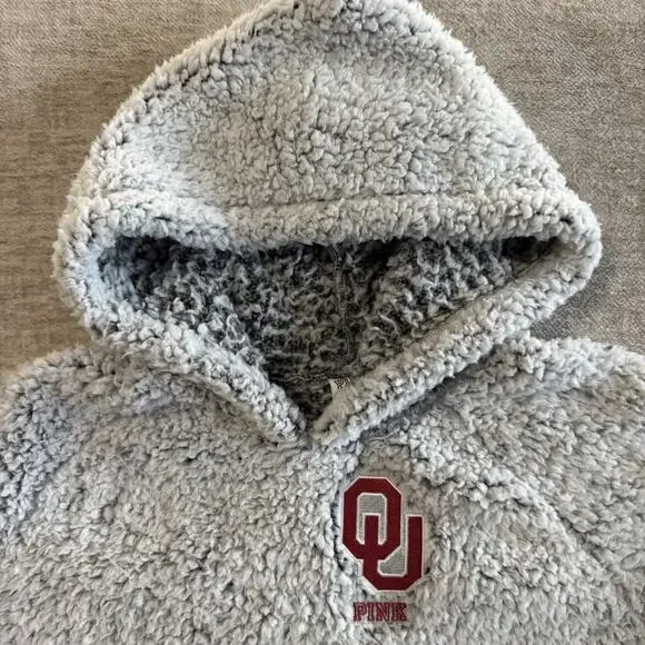 Victoria’s Secret PINK OU OKLAHOMA SOONERS Pullover Teddy Bear Fleece Hoodie L - Picture 7 of 10